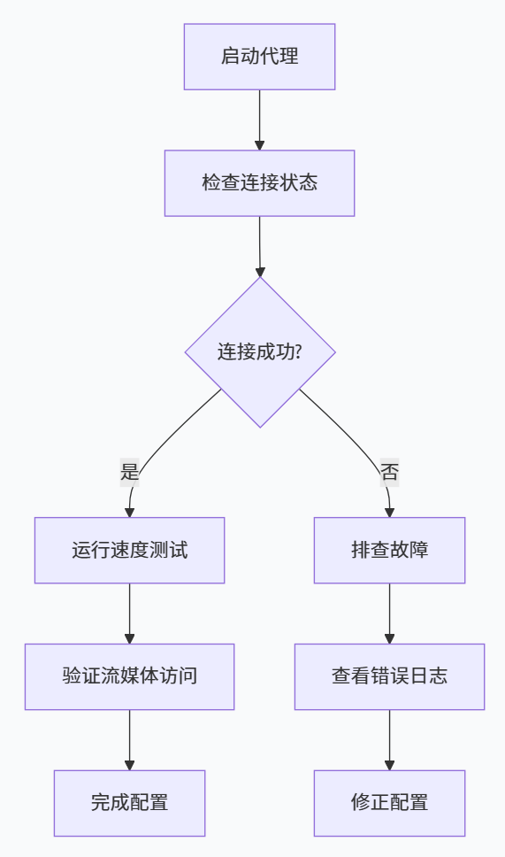 Windows Clash Verge 连接诊断流程图：启动代理、检查连接、成功后测试访问，失败后查看日志并修正配置